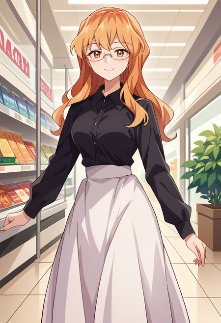score_9, score_8_up, source_anime, 1girl, solo, SumikaChibana, long hair, glasses, high-waist skirt, long skirt, white skirt, black shirt, long sleeves, smile, standing, indoors, shopping mall, <lora:ChamSumikaChibanaPonyXL:1>