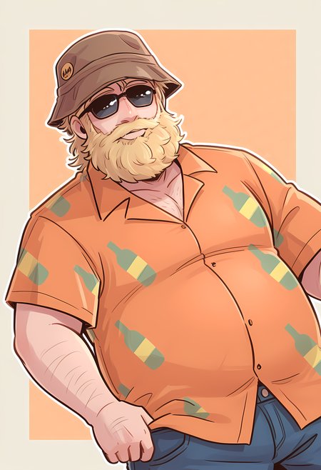 masterpiece, best quality, amazing quality, dutch angle, abstract background, BREAK
1boy, solo, male focus, sppc_kenny, mature male, bucket hat, blonde hair, sunglasses, blonde beard, facial hair, hawaiian shirt, jeans, BREAK
<lora:cfg_scale_boost:.6>  <lora:Kenny_McCormick_Adult_-_South_Park_-_ILXL:1>