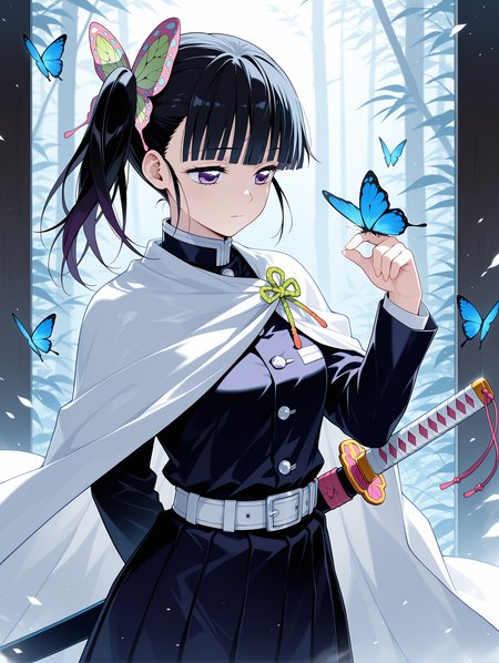 butterfly, tsuyuri kanao, 1girl, belt, uniform, long sleeves, butterfly on hand, pleated skirt, weapon, skirt, cloak, cape, sword, demon slayer uniform, buckle, side ponytail, sheathed, sheath, holding sword, jacket, blunt bangs, blue butterfly, butterfly hair ornament, bug, hair ornament, holding weapon, katana, belt buckle, closed mouth,
,masterpiece,best quality,amazing quality,