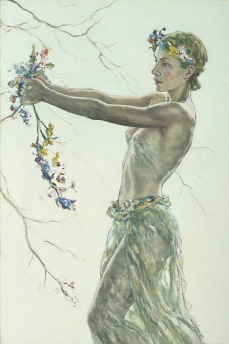 ethelleontinegabain1 painting.
A woman adorned with a floral headpiece and holding a branch with delicate flowers with her arms extended. She is draped in a flowing, translucent garment. The scene is set against a light backdrop with tree branches. <lora:ethelleontinegabain1_cap_d8a4:1.0><lora:862146390665489085:0>