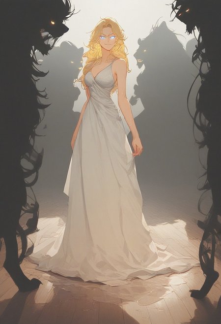 score_9, score_8_up, score_7_up, score_6_up, score_5_up, (art, wet floor, wooden floor, wrecked floor, beast, hulking beast, lion, solo, glowing eyes, (silhouette), 1girl, blonde hair, symmetrical bang, blue eyes, evening gown, smirk)