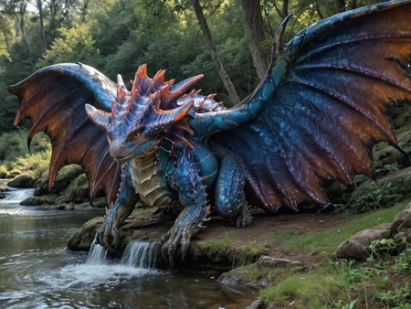 <lora:MH_Namielle_a1_5_PonyXL:0.9>,score_9,score_8_up,score_7_up, nature photography, action, cropped photo,
sunlight, bloom, subsurface scattering, sharp hyper detailed, dramatic lighting, , (shiny metallic skin:1.2), (ultra-detailed small micro scales), bright highlights,
namielle,feral,by zackary911,by syuro,by hanuvo, whiskers ,closed folded wings, massive size, (wide head:1.2), water dripping off  wings, wet body, wet spray ,solo,hi res,detailed background, river, stream, lake,   <lora:RM_Enhancer_v1.0_bf16:.1>  <lora:p:.2> <lora:Add_More_details_SD3:.5> ,