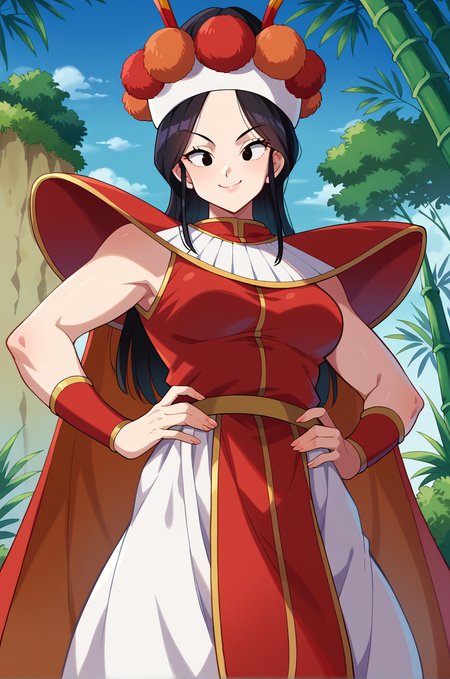 score_9,score_8_up,score_7_up,score_6_up, BREAK annin, 1girl, solo,upper body,thin mountain, black hair, black eyes, medium breasts, red vest, white skirt, red shoulder armor, white headband, pom pom \(clothes\), red bracer,fake antennae,red cape, hands on own hips, (from below:0.6,from side:0.7), mount paozu,nature,cliff, bamboo, bush,blue sky,smug,closed mouth,smile,red pelvic curtain,grabbing own hips,orange antennae,looking at viewer,white armor vertical stripes,  <lora:MountPaozuPony:1>  <lora:AnninPonyV2:1>