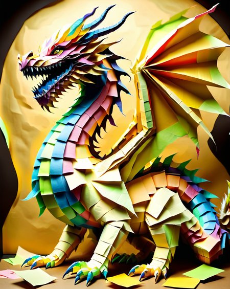 a massive colorful dragon made out of  Jed-StickyN, standing on a pile of gold made out of ral-toiletpaper, fantasy, epic, crumpled brown paper background,
<lora:StickyNotesStyle:1>,  <lora:ral-toiletpaper:0.7>