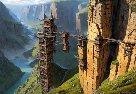 There is a steep metal structure still built into the wall of the chasm around which several abandoned skyships are still docked. The gorge is bottomless and the scene gives an air of vertigo and that the structures are desperately clinging on. Just cold desolation under a stormy sky. The snow here contrasts sharply with the black rock of the cliffs that line this valley, (Highest quality:1.0),(High resolution:1.0), (masterpiece:1.0), (overview:0.6), beautiful and aesthetic:1.3), extreme detailed, colorful, highest detailed,((ultra-detailed)),(highly detailed CG illustration),((Gloomy and Dark Atmosphere)),,