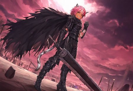 masterpiece, very aesthetic, anime screenshot, 1girl, Pink_PonyXL, DragonSlayerSword-Il.V1.0, black armor, shoulder armor, gauntlets, greaves, bandaged arm, black cape, torn cape, bright pink hair, cat ears, scar on nose, cat bell around neck, tanned, white tiger tail, small breasts, femine body, smiling, making a cute cat face, single fanged tooth showing, standing, looking at viewer, side view, wielding-dragonslayer, huge weapon, sword, holding sword, holding weapon, full body, zoomed in on pink_ponyxl, Dutch angle, cowboy shot 
Break
City square, bright and sunny, happy adoring crowd,