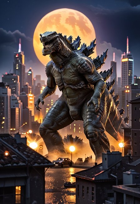 Score_9, score_8_up, score_7_up, score_6_up, wide shot, monster focus, BREAK, realistic,hyperrealism,ornate,studio photograph, Godzilla zilla_1998 kaijuu,gigantic monster, model_buildinga, model_kit_(medium), city skyline, plastic buildings, forced perspective, redsky, black clouds, yellow full moon, blurry background, building, outdoors, night, no_humans
