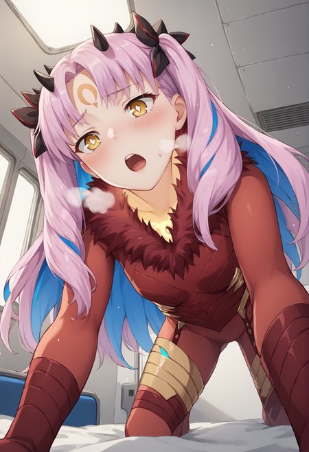 1girl, long hair, multicolored hair, twintails, two-tone hair, pink hair, blue hair, hair bow, two side up, yellow eyes, symbol-shaped pupils, horns, crescent facial mark, forehead mark, facial mark, red bodysuit, fur trim, all fours, blushing, emotionless, heavy breathing, open mouth, indoors, spacecraft interior, bed, from below, pov <lora:Ishtarin:1>, score_9, score_8_up, score_7_up, score_6_up, score_5_up, score_4_up, BREAK source_anime, masterpiece