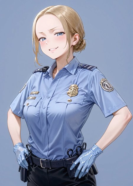 masterpiece, best quality, amazing quality, absurdres, 

0c_tsa,1girl, solo, blonde hair, single hair bun, low hair bun, blue eyes, parted lips, medium breasts,

 police uniform, policewoman, blue shirt, collared shirt, epaulette, badge, name tag, blue gloves, rubber gloves, black pants, belt, pouch,

 , smug, standing, hands on the hips, cowboy shot, looking at viewer, standing, blush,simple background, blue background,