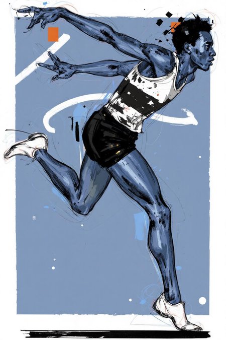 poster illustration.
A runner, shown in side profile, is in mid-stride, extending his chest forward to cross the finishing line. He is wearing a black and white striped athletic outfit and white running shoes. <lora:posterillustration_cap_d8a4e11:1.0><lora:846200216492430954:0>