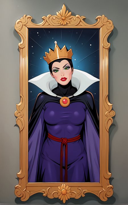 score_9, score_8_up, score_7_up, looking at viewer,  BREAK
Dress_QueenGrimhilde_ownwaifu,
1girl, crown,  makeup, lipstick, red lips,  green eyes,  eyeshadow, breasts,
red rope, rope belt, cape, dress, long sleeves, brooch, gem, robe, wide sleeves, purple dress, purple cape,  jewelry, high collar, silk,
(portrait, head tilt, looking at viewer), white border, bokeh, <lora:PONYXL_SnowWhite_QueenGrimhilde_ownwaifu:0.7>, solo,