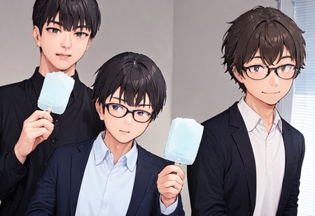 masterpiece, best quality, very aesthetic, absurdres,
garigarikun, food, multiple boys, male focus, 3boys, shirt, blinds, looking at viewer, white shirt, jacket, black hair, collared shirt, holding, black shirt, parted lips, black jacket, brown hair, holding food, formal, short hair, open clothes, smile, glasses
 <lora:garigarikun_SDXL_V1:1>