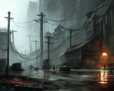 Overgrown city street, wrecks, art by thishonor, dystopian, rainy, dramatic lighting