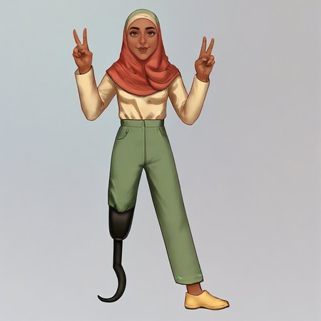 score_9_up, score_8_up, BREAK, SoloPHA, 1girl, solo,  dark skin, brown eyes, hijab, long sleeves, green pants, prosthetic leg, yellow footwear, full body,   <lora:SoloPolyHijabiAmputee_PXL_Leaf2:1>, double v,