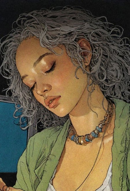 (color ink painting by Moebius, Katsuya Terada, Jeffrey Catherine Jones), drunk girl sleeping on night bus, young woman, upper body, oval face, round cheeks, messy and unkempt hair, night time, drooling from parted lips, saliva on chin, detailed textures, simple necklace, night lighting,