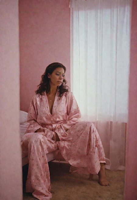 (High detail RAW Photo), a woman sits in corner of her bedroom, wearing pajamas, 1970s \(style\), ((posters on the wall and led strip lights)), (pink and blue ambient:1.3) ((close up:0.7)), (masterpiece, extremely detailed skin, photorealistic, heavy shadow, dramatic and cinematic lighting, key light, fill light), sharp focus, film grain, grainy, cinematic, imperfect skin,  fabrics, textures, detailed face, detailed skin, warm colors