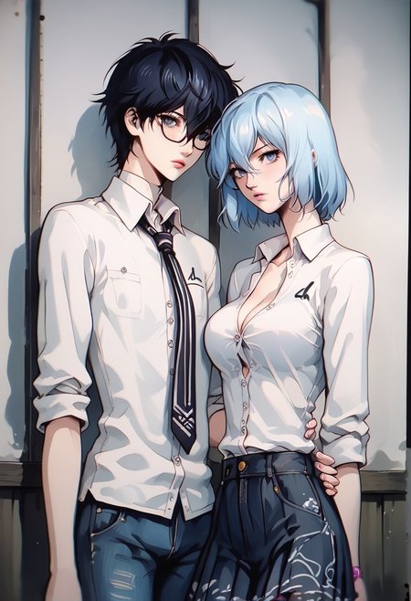 (score_9, score_8_up, score_7_up),  melkor_style,
score_9, score_8_up, score_7_up, score_6_up, score_5_up, score_4_up, source_anime, high detailed, high quality, masterpiece, source_anime, high detailed, high quality, masterpiece, 1 girl, 1 boy, couple, romantic couple, straight, hetero, heterosexual, (1 boy, black eyes, black hair, hair between eyes, short hair, school uniform, frame glasses, button down shirt, tie, jacket, houdie, open jacket, blue eyes, jeans), (1 girl, momo yaoyoruzu, long hair, bob, ponytail, grey eyes pink lips, big breasts, school uniform, button down shirt, cleavage, pleated skirt, pantyhose), looking at viewer, low angle, background room, cowboy shot, anime screencap, watercolor \(medium\), traditional media, neon.