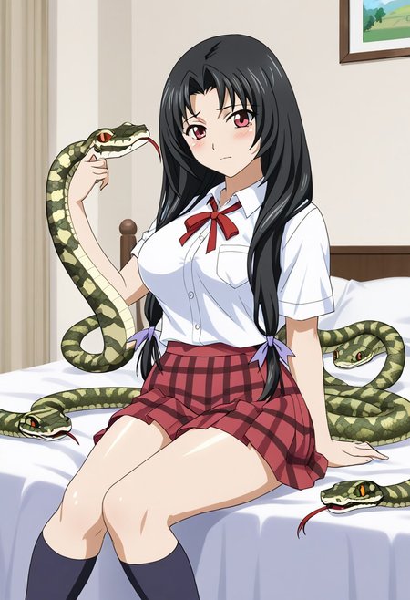 score_9, score_8_up, score_7_up, BREAK source_anime, masterpiece, anime screencap, shiny skin, 
1girl, solo, kaku bunwa, long hair, black hair, twintails, red eyes, large breasts, hair ribbon,  <lora:kaku_pony-000006:1>
school uniform, white shirt, red skirt, plaid skirt, socks, 
sitting, blush, bed, sn4k3, snake, snake on shoulders, upper body