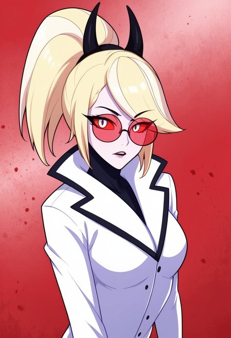 score_9, score_8_up, score_7_up,
masterpiece, best quality, detailed, amazing quality,
detailed background,
detailed eyes, clean eyes, 
dynamic pose,
solo, 1woman, woman,
easynegative,
0d3tt3_c4rm1n3, blonde hair, white skin, red white eyes, red glasses, horns, high ponytail