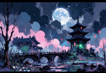 aidmafluxpro1.1, abstract style of Bruce Holwerda,
Special Ink-drawing mode,
A surrealistic landscape depicting a gloomy swampy area. In the middle of the swamp is a three-story wooden pagoda decorated with paper lanterns. The lanterns emit a mystical green light. A long aqueduct crossing the swamp leads to the pagoda. The swamp is lined with low, dried-up trees without leaves, reeds, and small white flowers. The sky is covered with heavy dark clouds, illuminated by the full moon. A pinkish magical smog hangs in the air. 
i11ustmin Illustration