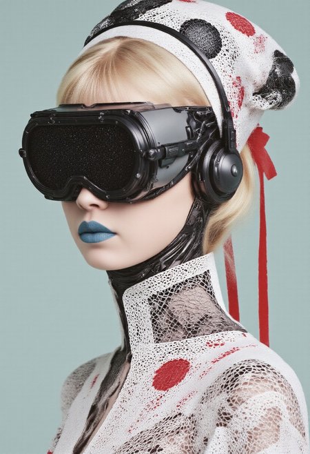 cpstyle,. The image is a high-resolution digital artwork featuring a futuristic, stylized portrait of a scandinavian blonde woman with a striking, otherworldly appearance. She has a pale, porcelain-like skin and is wearing a futuristic helmet that covers her face. The helmet is predominantly black with translucent accents, and it has a sleek, metallic texture. It features intricate, mechanical details and a large, circular visor that obscures her eyes, giving her an android-like appearance.
Her head is adorned with a large, intricate headdress made of white, black, and red fabric with intricate lace patterns, reminiscent of traditional russian embroidery. The headdress is tied with a long red ribbon that trails down her back. She has a high, elaborate collar around her neck, also featuring the same intricate lace patterns in white and black.
Her lips are painted a bold blue/grey, contrasting with her pale skin. The background is a muted, gradient turquoise, which helps emphasize the subject. The overall aesthetic is a blend of high-tech and traditional elements, with a strong emphasis on intricate, detailed textures and patterns. The artwork has a very high level of detail and polish, typical of modern, conceptual digital art.