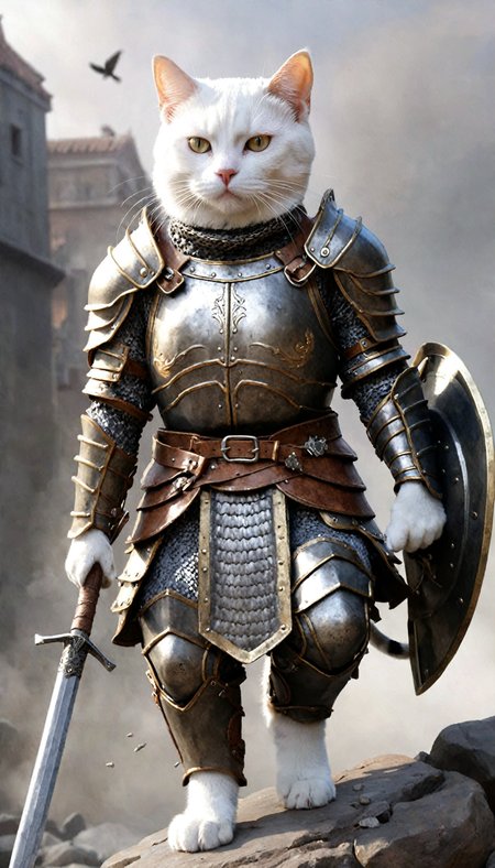 a masterpiece illustration of a cat equipping with heavy armor outfit, embarking on a journey to become the cat warrior, realistic,