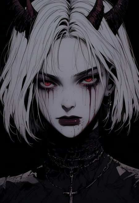 score_9, score_8_up, score_7_up, flat color, blood dripping from mouth, demon girl, demon horns, gthan, gothic, jewelry, red eyes, solo, blood, earrings, cross, 1girl, black background, looking at viewer, portrait, short hair, necklace, blood on face, cross necklace, simple background, spot color, closed mouth, white hair, cross earrings