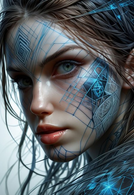 Rune tattoo on girls face, close-up, by Minjae Lee, Carne Griffiths, Emily Kell, Steve McCurry, Geoffroy Thoorens, Aaron Horkey, Jordan Grimmer, Greg Rutkowski, amazing depth, double exposure, surreal, geometric patterns, intricately detailed, bokeh,  perfect balanced, deep fine borders, artistic photorealism , smooth,  great masterwork by Suiras  <lora:add-detail-xl:2>  <lora:Double_Exposure:0.5>
