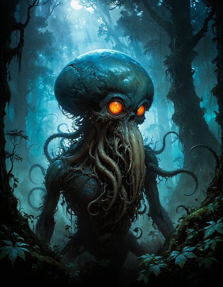hyper realistic and highly detailed, monochrome masterful traditional oil painting by Martin Ansin , by Tony Moore , by Paolo Veronese  , famous artwork inspired by (caspar david friedrich:1.2) and (mike mignola:1.3), detailed expressive eyes, fantasy style, (fractal art:0.8), beware this otherworldly glowing invertebrate abomination aptly named "toothy sneezlebumbler" with its countless tentacles, this exotic and deadly poisonous creature roams the bioluminescent gibberflameshroom forests and foggy karfuddeling jungles of its alien world "nopenopenope", where gigantic underfrazzler and towering trees skriffle the ground , in the style of  neo-byzantine , dark, shadows, black, shadow hues, highly artistic, highly painterly, harmonic,  expressive, ultimate aesthetic level, masterclass artistry, vibrant energy, apocalyptic mood, atmospheric haze and dense fog, highly aesthetic, glowing, translucent,  otherworldly, limited palette,  faded colors, washed out colors, extremely dark, extremely dramatic low key lighting, dark shadows, perfect composition, full panoramic shot
<lora:xl_more_art-full_v1:0.5> <lora:- SDXL - vanta-black_contrast_V3.0:0.5> <lora:Into_Darkness:0.5>  <lora:add-detail-xl:0.5> <lora:sss:0.6> sss