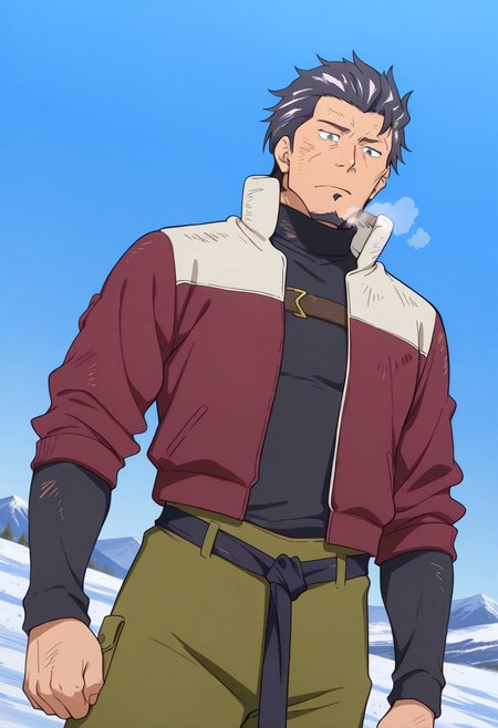 score_9, score_8_up, score_7_up, score_6_up, perfect anatomy, perfect proportions, best quality, masterpiece, high_resolution, high quality, best aesthetic, incredibly absurdres, highres, extremely detailed, huge filesize, solo male, adult, mature, masculine, manly, handsome, charming, alluring, standing, upper body, dutch angle, cowboy shot, source_anime \(Deca Dence\), anime coloring \(Deca Dence\), Kaburagi \(Deca Dence\), DDKaburagi, black hair, grey hair streak, multicolored hair, hair slicked back, facial hair, goatee, green eyes, sanpaku, constricted pupils, eyebrow slit, scar, DDKaburagi_outfit04, black turtleneck, red jacket, high collar jacket, long sleeves, olive work pants, wide pants, black tied belt, tied belt, brown boots, exhausted, bruise, blue sky, day, snowy, mountain
