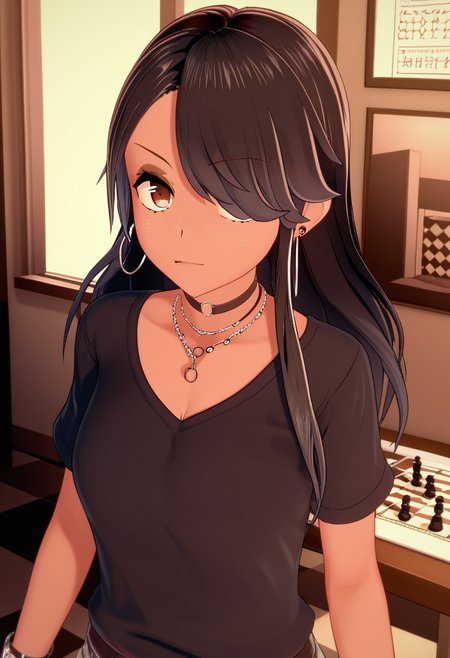 source_anime, score_9, score_8_up, score_7_up, score_6_up, score_5_up, score_4_up, 1 girl, solo, <lora:Chika_Chosokabe_from_LIL_PonyXL:1>, chika, gyaru, black hair, hair over one eye, bangs, hoop earrings, hoop earrings, choker, shirt, upper body, black choker, necklace,, In the playroom, Playing chess,