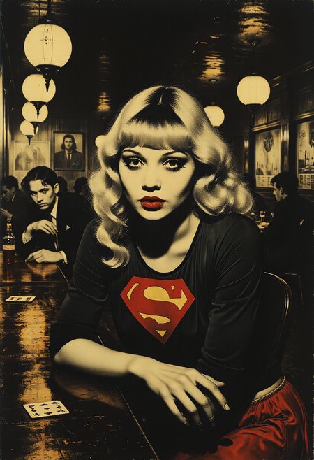 Supergirl, long blond hair, leans against a bar, her eyes narrowed as she watches a group of men playing cards. Her lips curl into a knowing smile . The bar is smoky, dimly lit, and filled with dangerous characters 
  <lora:schnell_v1.0:1.0> <lora:Moody_Time:0.8>