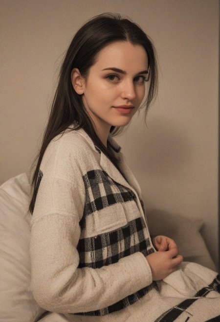 30yo woman wearing Plaid Polar Fleece Shacket with white textures 
long black dark hair slick back and smooth. Kissface. 
smile. Looking at camera. POV.
happy. 
Living room. Fully furnished.
Night time.
Portrait.