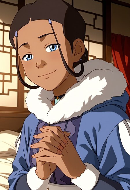 score_9, score_8_up, score_7_up, realistic, realism, HD, perfect quality, 16k, very detailed, realistic lighting, detailed face, BREAK, (((good_hands))), (((perfect eyes, bedroom eyes, (light smile:0.5)))),  BREAK, solo, 1girl, (((Katara-BookWater, blue eyes, short hair, brown hair, hair ornament, dark skin, dark-skinned female))), eye_focus, ((medium breasts, big ass)), (bedroom eyes), looking at viewer, nervous, seductive, sensual, medium body size, slightly small neck, plumb body, voluptuous hips and thighs, curvy body size, microwaist, (feminine body, soft body:1.5), BREAK,  dark skin, blue eyes, smile, hair ornament, brown hair, upper body, 1girl, dark-skinned female, closed mouth, male focus, hairclip, short hair, dark-skinned male, 1boy, black hair, fur trim