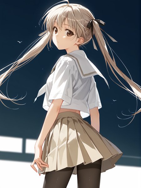 (score_9, score_8_up, score_7_up:1.1), 1girl, kasugano sora, black pantyhose, white serafuku, white sailor collar, school uniform, beige skirt, long hair, hair ribbon, twintails, brown eyes, white hair, beige hair, black eyes, school, (shaft head tilt:0.5) <lora:sora-kasugano-s1-ponyxl-lora-nochekaiser:0.35> <lora:yosuga_A3_XL_V1_0:0.6> <lora:shaft_head_tilt-PD-1.0-all:0.5>
