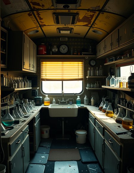 The interior of an old RV converted into a clandestine drug laboratory, inspired by the TV series Breaking Bad. The space is cramped and messy, filled with scientific equipment, glass beakers, flasks, burners, chemical containers, and lab tools scattered around. The walls are aged and stained, with peeling wallpaper and old metallic cabinets. A small sink area is cluttered with dirty lab glassware. The lighting is dim and tinted yellow, with sunlight barely filtering through dusty blinds. The floor is grimy, with a mix of rubber mats and worn carpet. The overall atmosphere is tense and gritty, capturing a sense of secrecy and danger. Hyper-realistic style, cinematic composition, rich in textures and shadows.
<lora:SDXLFaeTastic2400:0.4> <lora:extremely_detailed:0.4> extremely detailed,<lora:old_RV_drug_l4b0r4t0ry:1>,old RV drug l4b0r4t0ry, Masterpiece,best quality,hi res,8k,hi res,8k,award winning,(sharp focus, intricate, highly detailed),