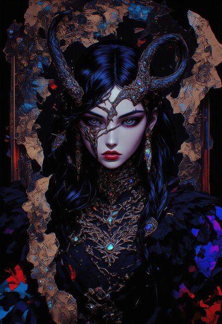 High quality, ultra-detailed, colorful, abstract, fantasy, bo-abyss, a digital drawing in an anime style, featuring a fantastical, otherworldly gothic Victorian woman with an air of elegance and mystery. She has a pale, porcelain-like complexion, her long, flowing black hair adorned with streaks of white cascading over her shoulders in soft, dramatic waves. Her deep, glowing crimson eyes radiate a haunting allure, framed by thick lashes and subtle, smoky eyeshadow. She wears a black, high-collared Victorian gown with intricate lace patterns and shimmering silver embroidery that catches the faint light, giving her an ethereal glow. Around her neck is a delicate, ornate choker featuring a blood-red gemstone, adding a touch of regal menace. Her expression is enigmatic, her lips painted a deep black, slightly parted to reveal faintly sharpened teeth, hinting at an otherworldly nature. A pair of twisted, blackened horns curve elegantly from her head, adorned with thin, metallic chains and tiny, glimmering jewels in shades of red and violet. The background is a dynamic blend of solid black and layers of glitch art, fragmented Victorian text, and faint, metallic textures. Smudged paint strokes and scratches overlay the background, adding a sense of decay and digital interference. The overall ambiance is dark and moody, with hints of surrealism as her hair and gown seem to merge with the flowing, glitch-like abstract elements around her, creating an otherworldly and timeless visual