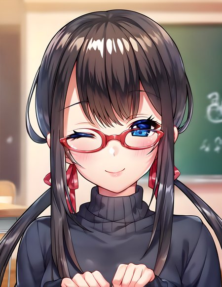 <lora:pony_xl_karin:0.9>,karin,score_9,score_8_up,score_7_up,source_anime,1girl,solo,glasses,under-rim eyewear,red-framed eyewear,turtleneck,black sweater,long sleeves,indoors,classroom,desk,chalkboard,school desk,blurry background,facing viewer,upper body,smile,:d,one-eyed wink,blush,
