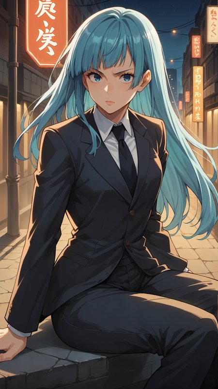 score_9,score_8_up,score_7_up,score_6_up, source_anime, zPDXL3, <lora:xl_more_art-full_v1:0.5>, girl, dynamic pose, sitting, <lora:Kasumi Miwa - Pony-000004:0.8>, long hair, aqua hair, blunt bangs, blue eyes, suit and tie, suit jacket, suit pants, dark city streets, solo, empty streets, neon lights, night, darkness,