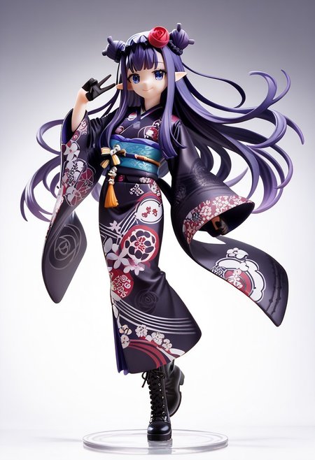 source_anime, score_9, score_8_up, score_7_up,
gradient background, 
full body, smile, hand up, v,
<lora:ninomae_inanis_pony_v1ep08a03:1>
inaNewYear, very long hair, purple hair, center-flap bangs, sidelocks, double bun, headpiece, hair flower, rose, pointy ears, blue eyes, mole under eye,
japanese clothes, black kimono, blue obi, long dress, print kimono, wide sleeves, black gloves, boots, cross-laced footwear,