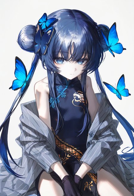 1girl, solo, double bun, dress, chinese clothes, china dress, hair bun, gloves, long hair, white background, butterfly, simple background, sitting, bug, butterfly hair ornament, blue eyes, black gloves, hair ornament, bangs, blue hair, off shoulder, sleeveless, blue butterfly, bare shoulders, sleeveless dress, black dress, very long hair, looking at viewer, closed mouth <lora:quasarcakeXL_NBVP1_lokr_V6311P:0.95>