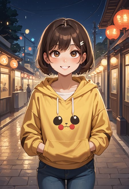 score_9, score_8_up, score_7_up, score_6_up,
cute picture,
top view:1.4,
cute little girl, freckled, looks up with her two big eyes, a big cute smile crosses her face, she is pretty and proud of her yellow sweatshirt with pikachu print, she is standing in a city at night full of lights (Japan), with her hands she makes the symbol of a heart, it seems very big compared to the size of the girl, it is night, it is illuminated by the light of a street lamp, embed: civit_nsfw, 1 girl, perfectly flat chest, perky little tits
