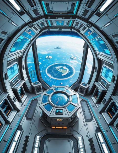 The interior of a massive orbital space station, high above a blue and green Earth-like planet. The setting is a panoramic observation deck with towering reinforced windows that curve around the structure, offering a breathtaking view of the planet below and the star-filled void beyond. The stationâs architecture is sleek and functional, blending advanced human technology with subtle design flourishes â brushed metal walls, glowing interface panels, and clean geometric lines.
Soft white lighting lines the floor and ceiling panels, while ambient blue lights provide a calming atmosphere. Transparent digital displays float in the air, projecting live telemetry, spacecraft traffic, and real-time planetary data in holographic form. In the center of the room, a circular command table displays a rotating 3D projection of the planet and orbital routes.
In the background, the low hum of life support systems and distant radio chatter add to the immersive realism. Cables and utility panels are subtly integrated into the environment, and security doors lead to other compartments of the station. The entire space feels controlled, precise, and filled with purpose â a hub of advanced civilization silently orbiting in the cold beauty of space.<lora:SDXLFaeTastic2400:0.4> <lora:extremely_detailed:0.4> extremely detailed,space station c0ntr0l c3nt3r, <lora:space_station_c0ntr0l_c3nt3r-i:1>, Masterpiece,best quality,hi res,8k,hi res,8k,award winning,(sharp focus, intricate, highly detailed),