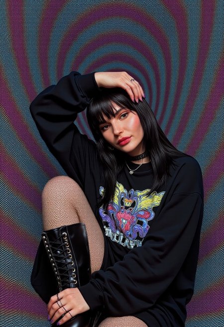A high-resolution, highly detailed, hyper-realistic ArsMJStyle colored pencil hyper-detailed realism illustration of a gothic-inspired woman, exuding an edgy, alternative aesthetic. She has a pale complexion and straight black hair with sharp bangs, framing her intense gaze. Dressed in a punk-infused ensemble, she wears a black long-sleeved T-shirt featuring a bold graphic print, paired with a black mini skirt. Her legs are wrapped in black fishnet stockings, leading down to knee-high, lace-up boots with thick, chunky soles that dominate the foreground, emphasizing their weight and detail. A black choker encircles her neck, complementing her dark makeup—intense black eyeliner, deep black lipstick, and a subtle hint of blush. She lounges effortlessly, reclining with one leg raised in a casual yet commanding pose. The background transforms into a mesmerizing optical illusion, a swirling vortex of countless thin, evenly spaced lines radiating outward in a hypnotic spiral. These lines blend vivid hues of blue, green, red, and yellow, creating a kaleidoscopic effect against a deep black backdrop that intensifies their brightness. The wavy patterns enhance the illusion of depth and movement, evoking a surreal, mathematical precision. This fusion of gothic fashion and mind-bending abstraction crafts a visually striking and immersive composition. ernie_1