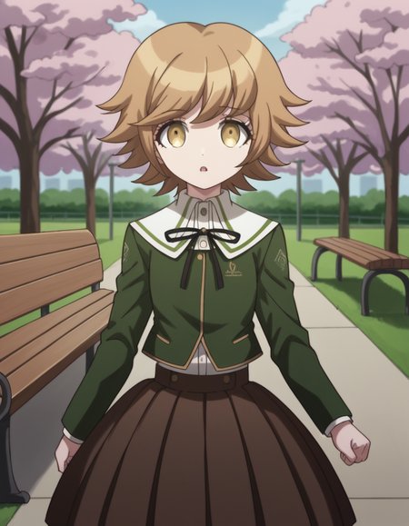 score_9, score_8_up, score_7_up, source_anime, <lora:chihiro-fujisaki-s1-ponyxl-lora-nochekaiser:1>, chihiro fujisaki, short hair, bangs, brown hair, brown eyes, male focus, otoko no ko,, skirt, shirt, long sleeves, ribbon, school uniform, jacket, pleated skirt, black ribbon, neck ribbon, brown skirt, green jacket,, park, cherry blossoms, bench, gentle breeze, peaceful, running, open mouth,, , looking at viewer, hand making a fist, solo,, cowboy shot, dutch angle