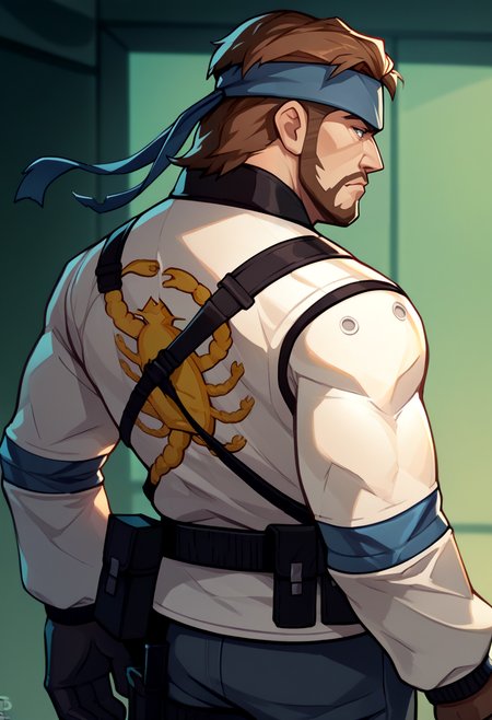 score_9, score_8_up, score_7_up, source_anime BREAK <lora:drivejacket-outfit-richy-v1_pdxl:1> print jacket, white jacket, from side, from behind, 1boy, solo, standing, <lora:solidsnake-pdxl-nvwls-v1:0.8> solidsnake, brown hair, beard, facial hair, headband, gloves, harness, belt pouch, mature male
