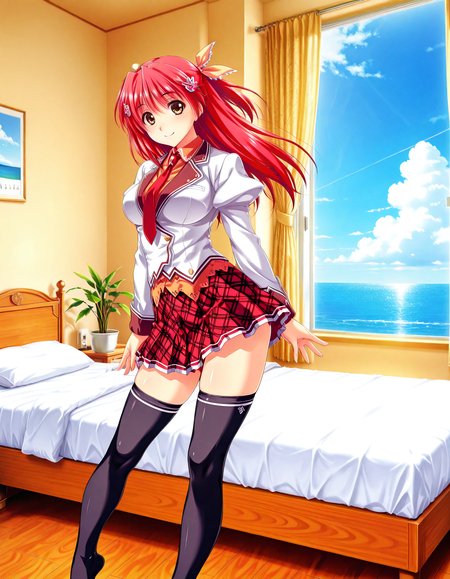 (1girl, solo:1.3), (2girls, 3girls, 4girls, multiple girls, 2boys, 3boys, 4boys, multiple boys:-1.5) <lora:Kohinata_Yuuka_Koi_Mekuri_Clover_Illustrious:0.9>, kohinata_yuuka, large breasts, brown eyes, red hair, long hair, bangs, hair between eyes, hair ribbon, hair ornament, school uniform, red necktie, necktie, plaid skirt, thighhighs, light smile, open eyes, general, contrapposto, dynamic pose, outstretched arms, upper body, from side, from below, , indoors, hotel room, double bed, on bed, lying, (white theme:1.3), window, tall window, ocean view, curtains, plant, potted plant, flower, (perspective:0.7), barefoot, <lora:NOOB_EPSv1_1_detailer_by_vlnvk_v1_0:1.5>, (photo background:0.7), day, (tachibana yuu:0.6), inue shinsuke, (kazuma muramasa:0.0), saikawa yusa, (aoi manabu:0.6), abarerumidori, (suzui narumi:0.6), masterpiece, newest, absurdres, 8K, anime screenshot, anime coloring, flat color, official art, film grain, <lora:illustriousXLv01_stabilizer_v1.185c:0.7>, <lora:LECO_Solo:-4.0>,