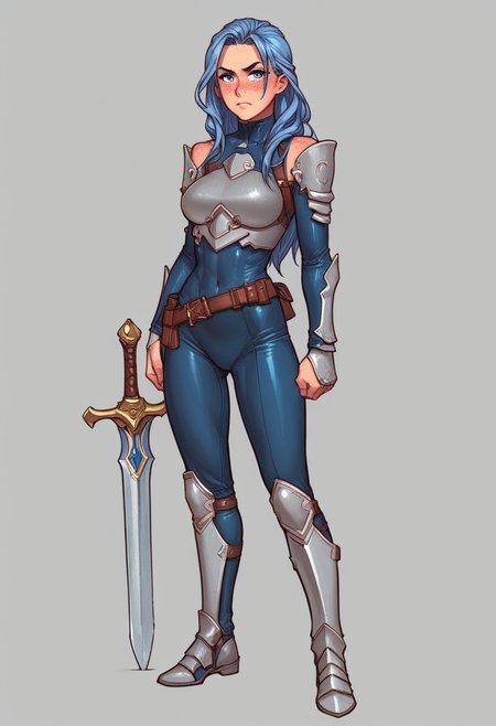 beauty female, mesmerizing, cute-faced, Dimpled, light blue Almond-shaped eyes , Gray/Silver plate armor, blue Long Hair Styles Layers, Fair, Sloppy, Disheveled, Pout, Blush, Determined, Fidgeting, Freckles, futuristic skin tight leather armor,
((full-clothed)), ((long big sword in hands, sword in hands))
BREAK 
jungle background score_9, score_8_up, score_7_up, score_6_up, source_cartoon, rating_explicit, Expressiveh, (((((full body))))), dynamic pose
