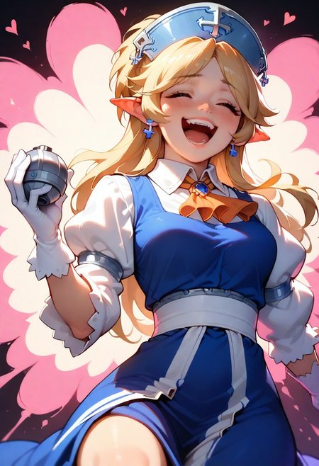 1girl, solo, yukaridef, hat, cross earrings, blue dress, orange ascot, white shirt, white gloves, holding grenade,  laughing, leaning back, closed eyes, dark background, pink explosion, heart background, feet out of frame, three quater view, backlightling, masterpiece, best quality, very aesthetic, absurdres