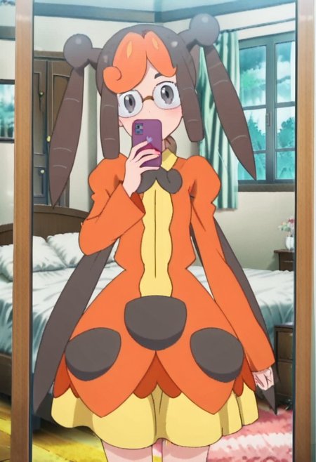 score_9, score_8, score_7, anime_screencap, anime_coloring, source_anime, high_res, Rating_safe
PKMNKricketinaKylie, 1girl, brown hair, orange hair, multicolor hair, twintails, sidelocks, bangs, glasses, gray eyes,
standing, bedroom, window, bed, pillows, detailed background, mirror, selfie, cellphone holding cellphone, purple cellphone, solo